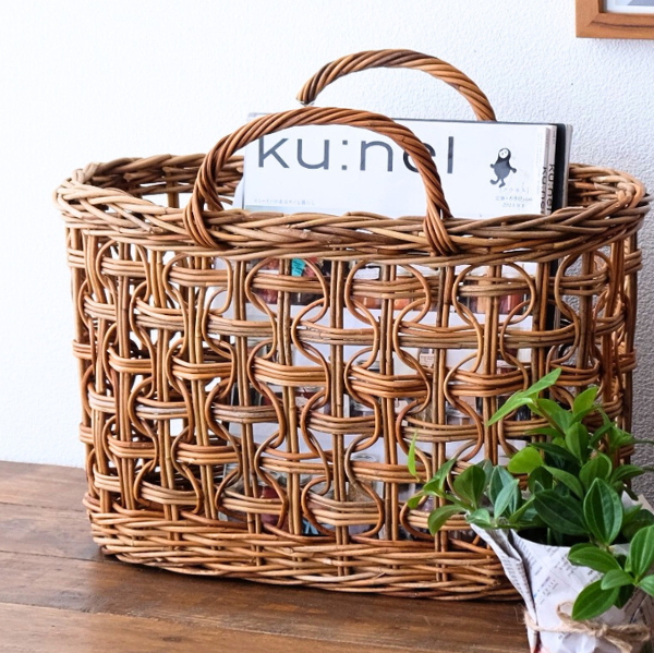 バスケット ラタン 収納 かご おしゃれ 持ち手 取っ手付き 編み籠 スリッパラック マガジンラック ナチュラル 天然素材 かごバッグ 40cm アラログ ループ編みバスケット [cle6545]
