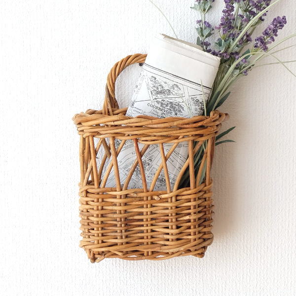バスケット 壁掛け ウォールラック ウォールバスケット おしゃれ ラタン かご カゴ 新聞 レター 深め ドライフラワー アラログウォールバスケット S [cle7168]