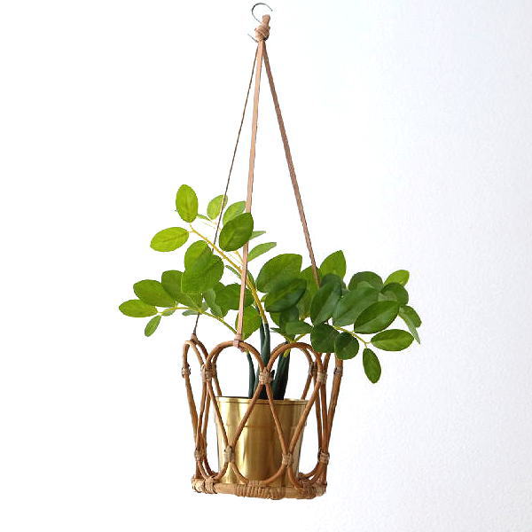 かご カゴ バスケット 壁掛け 吊り下げ おしゃれ プランター ハンギング ラタン プラントハンガー ラタンとレザーのハンギングポット L [cle8144]