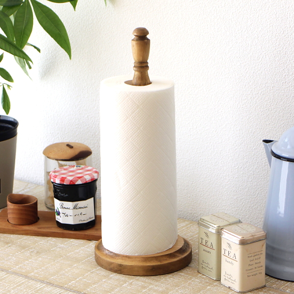 キッチンペーパーホルダー 木製 置き型 縦 片手で切れる 天然木 パイン材 大きめ 海外サイズ 大判 対応 PUゲル粘着シート付き 自立 シンプルなウッドのキッチンペーパースタンド [cle9856]
