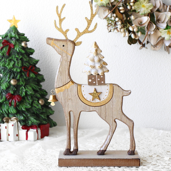 トナカイ クリスマス 置物 木製 鹿 オブジェ ゴールド ナチュラル おしゃれ 北欧 かわいい 卓上 ミニ 玄関 ベル ツリー 高さ25cm Xmasウッドディアーの置物 [cov3974]