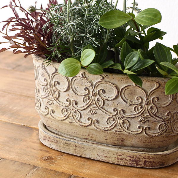 植木鉢 プランター セメント 受け皿付き オーバル 楕円 アンティーク おしゃれ レリーフ 素焼き風 寄せ植え 花鉢 花器 底穴あり クラシック レトロなプランターポット クララ [cov5224]