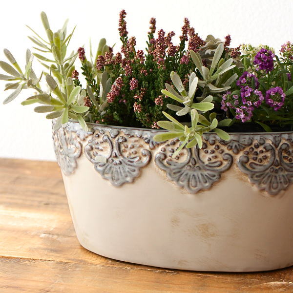 植木鉢 プランター 陶器 オーバル 楕円 アンティーク おしゃれ レリーフ 寄せ植え 多肉植物 花鉢 花器 底穴あり ヨーロピアン クラシック レトロな陶器のプランターポット クロシェット [cov5225]