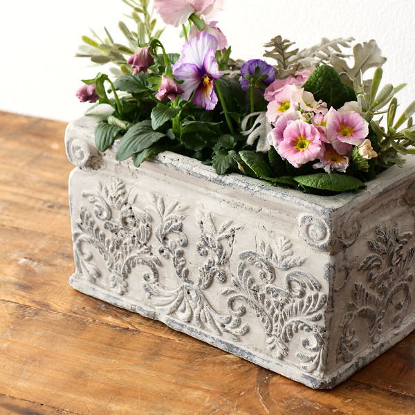 植木鉢 プランター 陶器 おしゃれ アンティーク 8号 相当 24×13cm 寄せ植え 花鉢 花器 底穴あり 横長 長方形 グレー ヨーロピアン クラシック 陶器のプランターポット クラナス [cov5228]