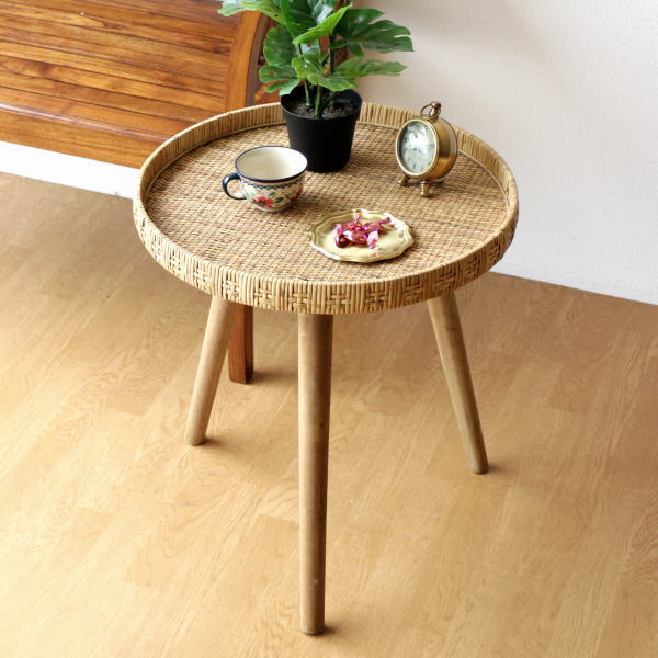 トレイテーブル ホーロー サイドテーブル おしゃれ ラタン ナチュラル 丸テーブル かわいい ラタン ラウンドトレイテーブル 【送料無料】 [cov5894]