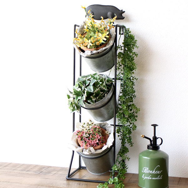 フラワーポット 鉢カバー おしゃれ アイアン ブリキ バスケット フラワースタンド レトロ アンティーク ブリキの3段ポット ピッグ [dcr8530]