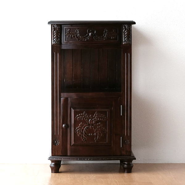 電話台 花台 アンティーク調 玄関 ハイスタンド 木製 キャビネット 扉付き収納 引き出し リビング 収納付き おしゃれ アンティークな電話台 45 【送料無料】 [diz3200]