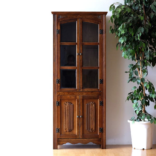 食器棚 カップボード キャビネット ガラス扉付き 木製 アンティーク 収納 完成品 オーク飾り棚 【開梱設置送料無料】 [diz5137]