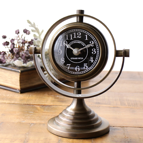 置き時計 アンティーク おしゃれ アナログ 小さい 真鍮 角度調整 見やすい 秒針なし 電池式 丸 天球儀 卓上時計 テーブルクロック クラシック レトロ BLASSスタンドクロック B [ebn1513]