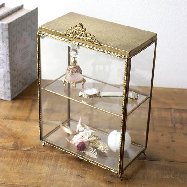 ショーケース 卓上 アンティーク ゴールド 小物入れ 2段 扉付き収納ボックス アクセサリー ジュエリー 飾り棚 ディスプレイケース レトロ 真鍮とガラスのミドルショーケース 【送料無料】 [ebn2443]