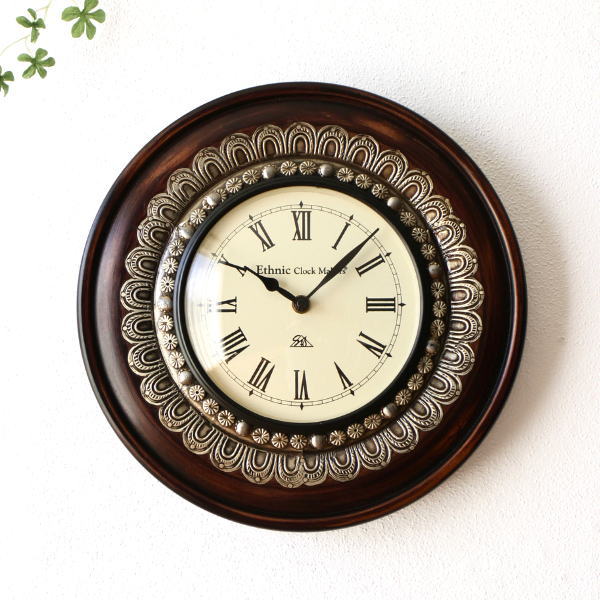 掛け時計 木製 アンティーク レトロ おしゃれ 見やすい アナログ 丸 ローマ数字 金属装飾 ブラウン ウッド クラシック ヨーロピアン エレガント ウォールクロック ココル 【送料無料】 [ebn2517]