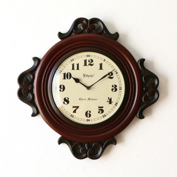 掛け時計 木製 アンティーク レトロ おしゃれ 見やすい アナログ 丸 リビング ブラウン ウッド クラシック ヨーロピアン エレガント 高級感 ウォールクロック ロマネスク 【送料無料】 [ebn2518]