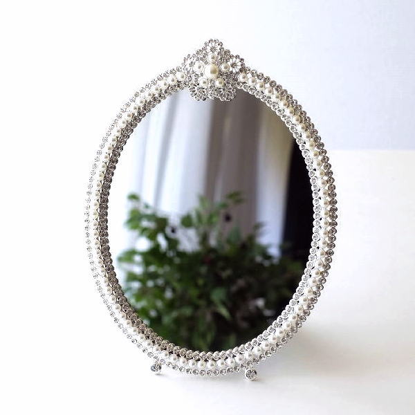 鏡 オーバルミラー おしゃれ 卓上ミラー 壁掛け デスクミラー テーブルミラー オーバル型 パールとビジューのゴージャスミラー [ebn4334]