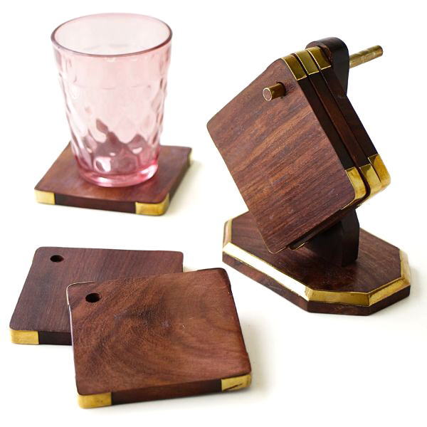 コースター おしゃれ ウッド 木製 天然木 セット シンプル ナチュラル 木のコースター 真鍮とウッドのコースター ハンギング 6枚セット [ebn4374]