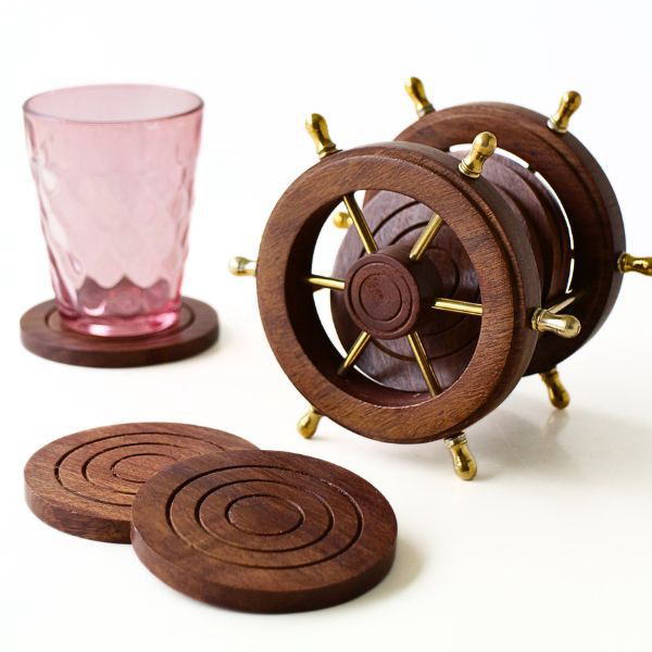 コースター おしゃれ ウッド 木製 天然木 セット シンプル ナチュラル 木のコースター 真鍮とウッドのコースター シップラダー 6枚セット [ebn6421]