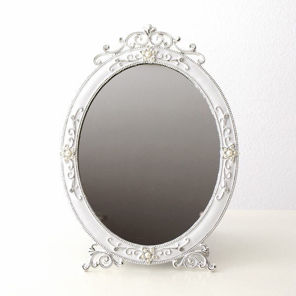 鏡 ミラー 卓上ミラー 壁掛け おしゃれ スタンドミラー 壁掛けミラー かわいい ホワイト 白 パールビーズ ホワイトジュエルミラー [ebn7081]