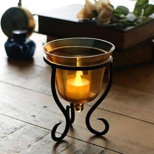 キャンドルホルダー ガラス アイアン アンティーク ＬＥＤ付きキャンドルスタンド Ｂ [ebn7677]