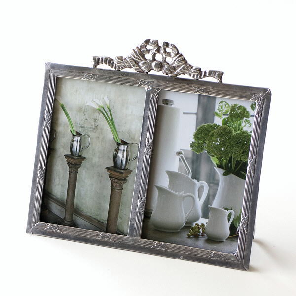 フォトフレーム 写真立て おしゃれ 2面 卓上 横長 横置き 横向き かわいい デザイン モダン リボン アンティーク調 リボンフォトフレーム 2ウィンドウ [ebn7807]