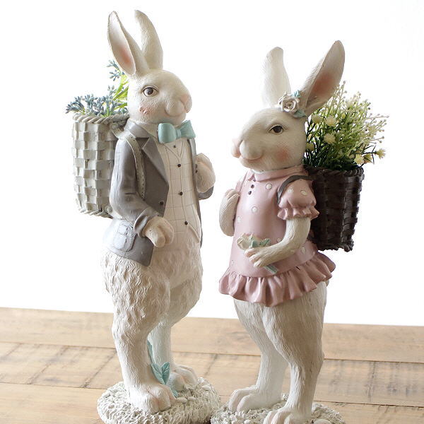 うさぎ ウサギ 置物 置き物 オブジェ インテリア 雑貨 かわいい カゴ メルヘン レトロ アンティーク カントリー フレンチラビットのオブジェ 2タイプ [hal2335]