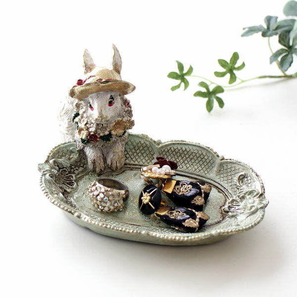 うさぎ ラビット トレー トレイ おしゃれ 置物 オブジェ アクセサリートレイ 雑貨 アンティーク調 バロックラビットのミニトレイ グリーン [hal2939]
