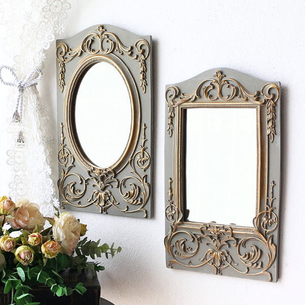 鏡 壁掛けミラー おしゃれ アンティーク 小さめ レトロゴールド 可愛い ロココ バロック エレガント トイレ 洗面 玄関 リビング 楕円 四角 クラシカルなウォールミラー 2タイプ [hal7604]