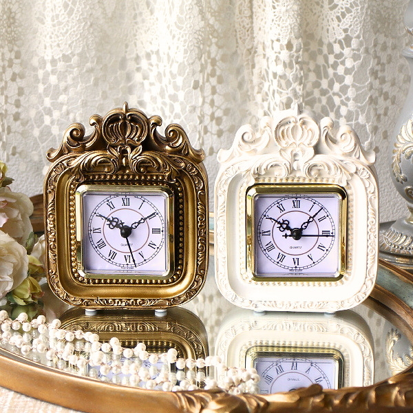 置時計 アンティーク クラシック エレガント 装飾 ミニ 小さい 四角 見やすい文字盤 コンパクト ローマ数字 ゴールド ホワイト スクエアクロック バロック 2カラー [hal8910]