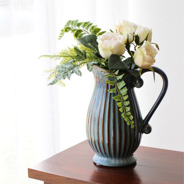 花瓶 フラワーベース 陶器 おしゃれ かわいい モダン シンプル ピッチャー型 花器 花入れ ヴィンテージ風 フルールフラワーベース [hal9811]
