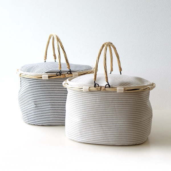クーラーバッグ クーラーボックス おしゃれ ボーダー 折りたたみ かわいい オーバル型 ナチュラル 軽量 クーラーバスケット オーバル 2カラー [hbr6029]