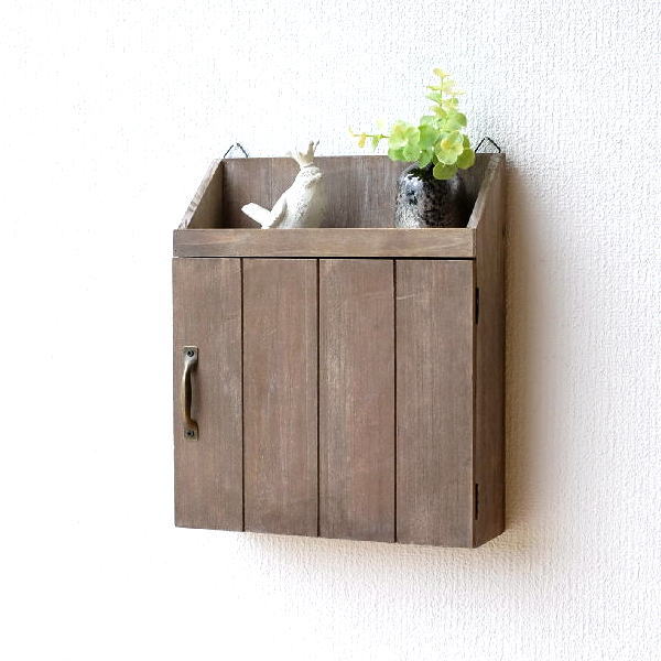 キーボックス 壁掛け おしゃれ かわいい 木製 ウッド アンティーク調 シャビー風 玄関 小物収納 鍵掛け キーフック シャビーウッドの棚付きキーボックス [hbr8965]