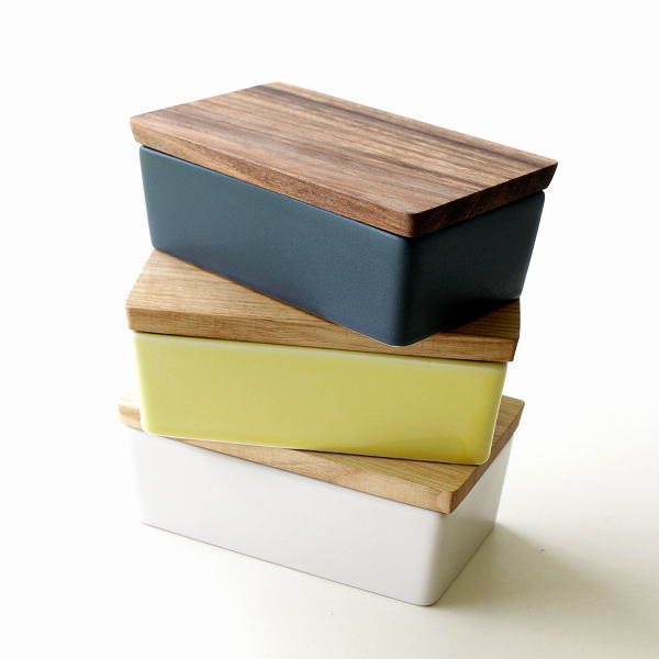 バターケース 陶器 おしゃれ 木製 木の蓋 モダン 陶器のバターケース3カラー [ibk3185]