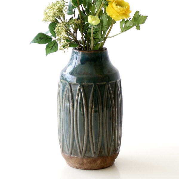 花瓶 おしゃれ 陶器 アンティーク レトロ 花器 フラワーベース セラミックベース ブルー [kan0793]