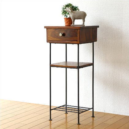 電話台 木製 アイアン 引き出し 棚付き 天然木 無垢材 シーシャムとアイアンの電話台 【送料無料】 [kan1283]