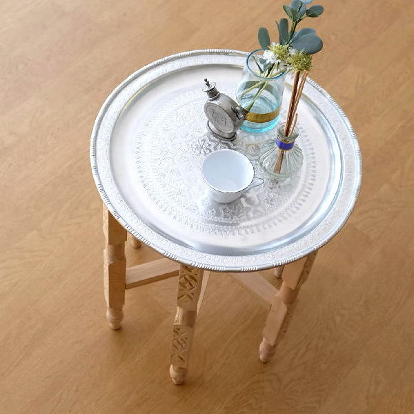 トレイテーブル アルミトレー サイドテーブル おしゃれ ウッド ナチュラル 丸テーブル モロッコ ラウンドトレーテーブル L 【送料無料】 [kan1554]