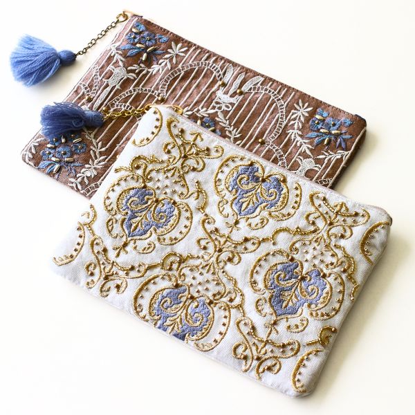 ポーチ 小物入れ おしゃれ マチなし かわいい デザイン 布張り ビーズ刺繍 フラット アラベスク 刺繍フラットポーチ アラベスク 2タイプ [kan2091]