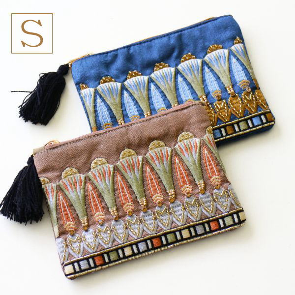 ポーチ 小物入れ おしゃれ マチなし かわいい デザイン 布張り ビーズ エスニック 刺繍フラットポーチ エジプシャンフラワーS 2カラー [kan2399]