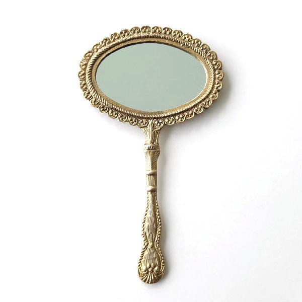 手鏡 ハンドミラー 真鍮 ブラス アンティーク ゴールド おしゃれ 高級感 持ち手付き コンパクト 楕円 レトロ 真鍮のハンドミラー オーバル [kan2848]