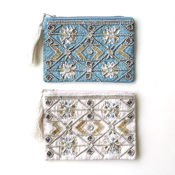 ポーチ 小物入れ マチなし かわいい デザイン タッセル 布張り おしゃれ 携帯 アクセサリーポーチ 通帳ケース 通帳入れ 化粧ポーチ ビーズ刺繍ポーチS 2カラー [kan2853]