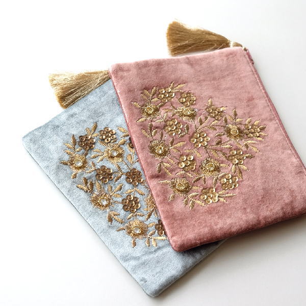 ポーチ 小物入れ マチなし フラット かわいい 可愛い フラットポーチ おしゃれ スマホ 財布 通帳ケース 花柄 薄型 ベロア刺繍ポーチB 2カラー [kan3086]