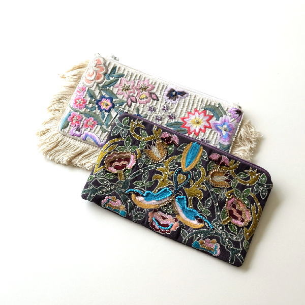 ポーチ 小物入れ マチなし かわいい デザイン 布張り おしゃれ 携帯 アクセサリーポーチ 通帳ケース 通帳入れ 化粧ポーチ ビーズ刺繍 横長ポーチ 2タイプ [kan3154]