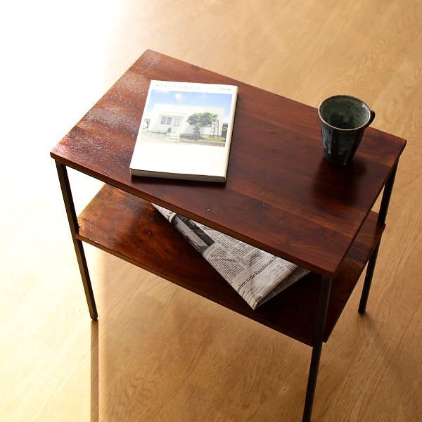 サイドテーブル 木製 アイアン 棚付き 天然木 無垢材 鉄脚 アカシアサイドテーブル B 【送料無料】 [kan3304]
