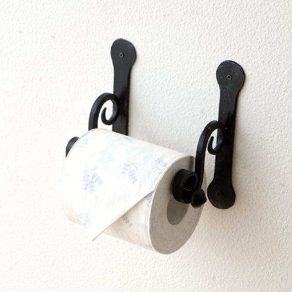 トイレットペーパーホルダー アイアン 黒 カバーなし おしゃれ シンプル アンティーク ヴィンテージ レトロ シングル 一個 鉄 金属 アイアントイレットペーパーホルダー カール [kan3378]