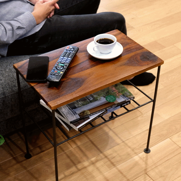 サイドテーブル 木製 アイアン 棚付き 天然木 無垢材 鉄脚 アカシアサイドテーブル A 【送料無料】 [kan3382]