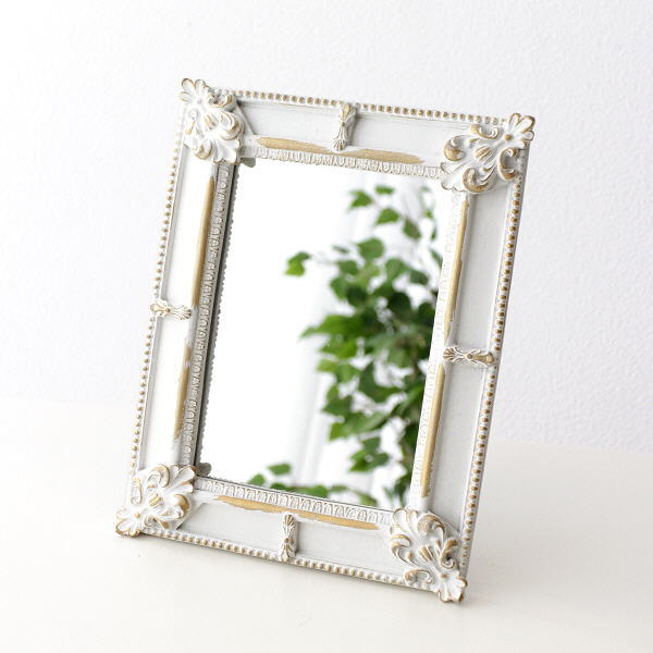 鏡 壁掛けミラー 卓上 おしゃれ ウォールミラー シンプル かわいい 可愛い ロココ調 クラシック レトロ アンティーク レクタングルロココミラー B [kan4031]