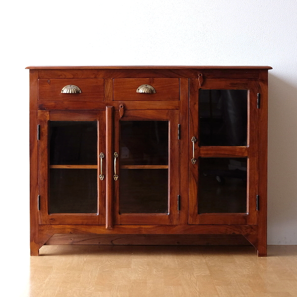 ガラスキャビネット 扉付き収納 天然木 無垢 アンティーク ヴィンテージ風 キッチン アカシア ガラスサイドボード 【開梱設置送料無料】 [kan4487]
