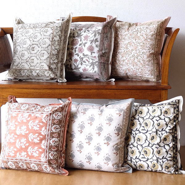 クッションカバー 45×45 おしゃれ 刺繍 綿100% ボタニカル柄 コットン ファスナー付き ブロックプリントのクッションカバー 6柄 [kan6452]