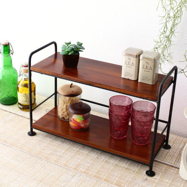 スパイスラック 木製 アイアン 2段 卓上 飾り棚 天然木 無垢材 シンプルミニラックA [kan6904]