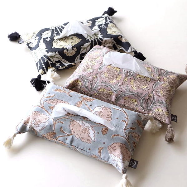 ティッシュカバー おしゃれ コットン かわいい ティッシュケース ファスナー付き ブロックプリントのティッシュケース 3タイプ [kan7420]