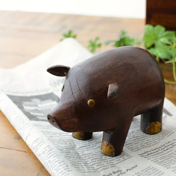 ブタ ぶた 置物 オブジェ おしゃれ マンゴーウッド 天然木 かわいい モダン 小物 ナチュラル 手のひらサイズ マンゴーウッドのオブジェ ピッグ [kan7510]