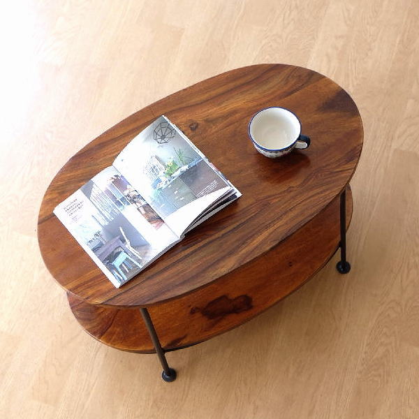 ローテーブル 2段 木製 アイアン 棚付き 天然木 無垢 鉄脚 楕円形 小さめ 幅70cm 高さ40cm シーシャムウッドオーバルテーブル 【送料無料】 [kan7972]