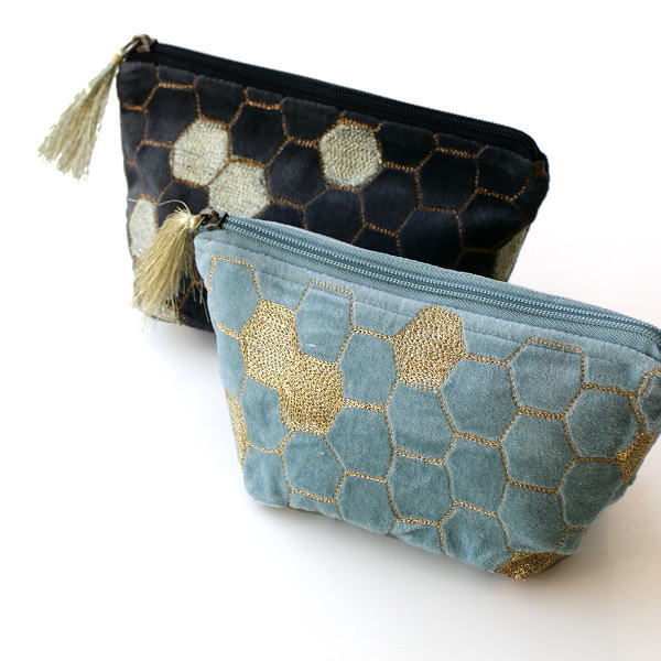 ポーチ 小物入れ かわいい おしゃれ 化粧ポーチ アクセサリーポーチ コットンベロアハニカム刺繍マチ付きポーチ 2カラー [kan8786]